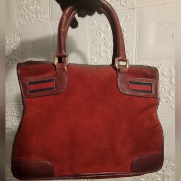 Gucci Burgundy Suede Leather Vintage Sherry Web Satchel Handbag  Authentic - Picture 7 of 16